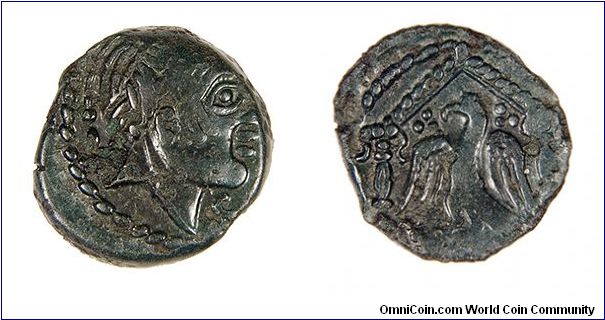 Bronze coin of the Carnutes region. PIXTILOS Class VIII with Eagle and Temple reverse.