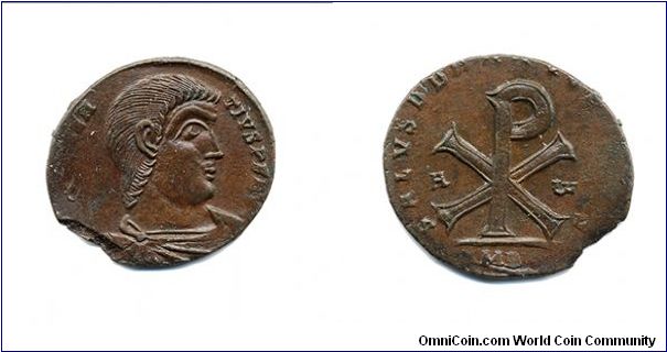 AE 1 Double Centenionalis of Magentius struck at Amiens. The reverse features the Christian Chi-Rho.
