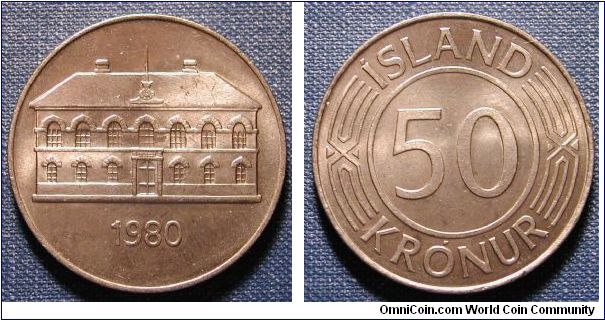 1980 Iceland 50 Kronur from Mint Set.