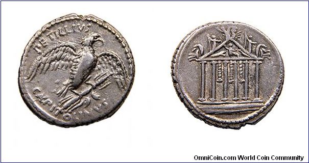 Petillus Capitolinus denarius, Roman Republic. Obv: Eagle on thunderbolt. Above PETILLIVS AND CAPITOLINVS below.
Rev: Hexastyle temple decorated quadriga at apex and biga at each side. An armed figure appears on either side of the apex. 43 B.C.