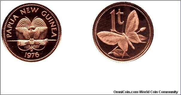 Papua New Guinea, 1 toea, 1976, Bronze, Wing Butterfly.                                                                                                                                                                                                                                                                                                                                                                                                                                                             