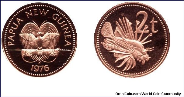 Papua New Guinea, 2 toea, 1976, Bronze, Ornate Butterfly Cod.                                                                                                                                                                                                                                                                                                                                                                                                                                                       