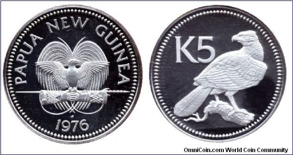 Papua New Guinea, 5 kina, 1976, Ag-Cu, New Guinea Eagle.                                                                                                                                                                                                                                                                                                                                                                                                                                                            