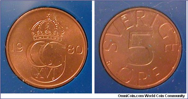 1980 Sweden 5 Ore from mint set.