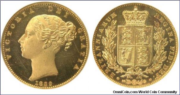 Proof Sovereign PF63. First Victoria obverse.Plain edge. Mintage: 300 pieces, approximately, issued for the coronation sets.