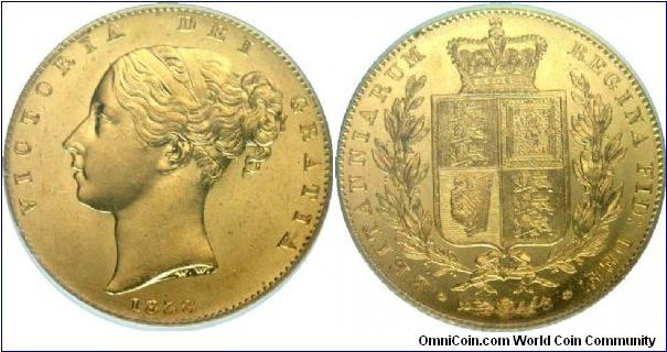 Sovereign MS66. First Victoria obverse. First year of issue.