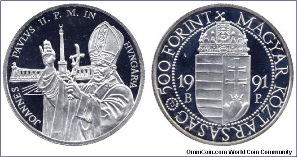 Hungary, 500 forint, 1991, Ag, Pope John-Paul II's visit to Hungary. Background is the Hero's Square.                                                                                                                                                                                                                                                                                                                                                                                                               
