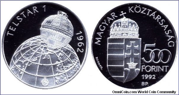 Hungary, 500 forint, 1992, Ag, 1962, 30 years of Telstar 1 satellite.                                                                                                                                                                                                                                                                                                                                                                                                                                               