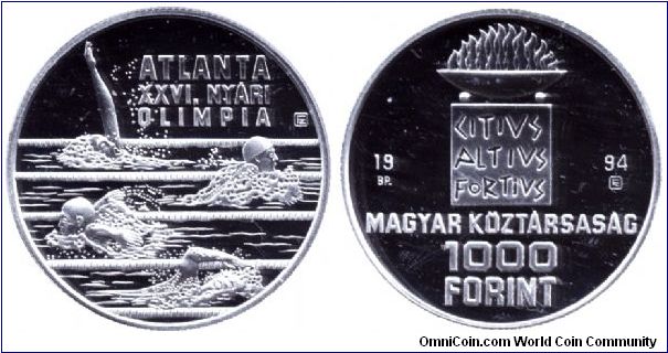 Hungary, 1000 forint, 1994, Ag, Atlanta, XXVIth Summer Olympics, swimming                                                                                                                                                                                                                                                                                                                                                                                                                                           