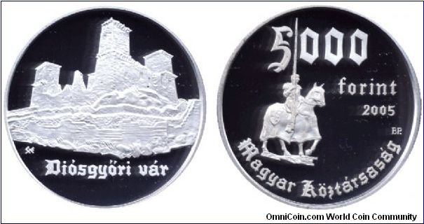 Hungary, 5000 forint, 2005, Ag, Part of the Hungarian Castles series. Obverse is the Castle of Diósgyor once property of the queens of Hungary. Reverse is a knight symbolizing the tournaments taken place at the time of King Louis the Great.                                                                                                                                                                                                                                                                    