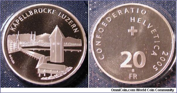 2005 Switzerland 20 Franken, Luzern Chapel Bridge.  .835 silver, 33mm, 20g, Mintage 65,000.