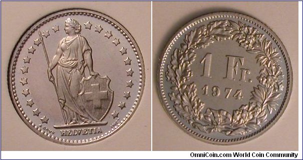 1974 Switzerland 1 Franken from mint set.