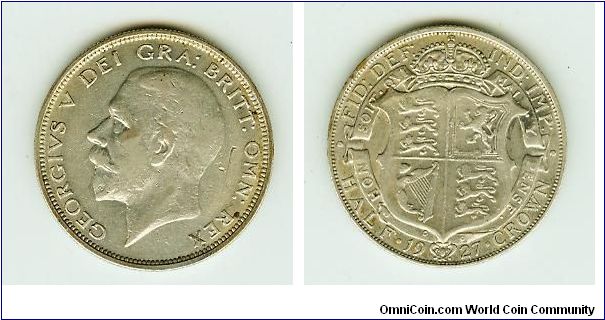 NICE 1927 KING GEORGE V SILVER HALF CROWN.