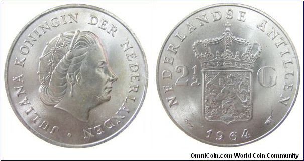 1964 2 1/2 Gulden Netherland Antilles, KM# 7 , .7200 silver
(dipped)