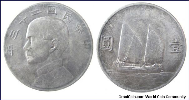 China (Republic)
1934 (year 23)
Dollar
Y # 345 
Silver, .888, .7555 oz Mintage: 128.74M