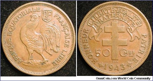 50 Centimes
Bronze
French equat. Africa, includes part of Congo, Gabon & central Africa.