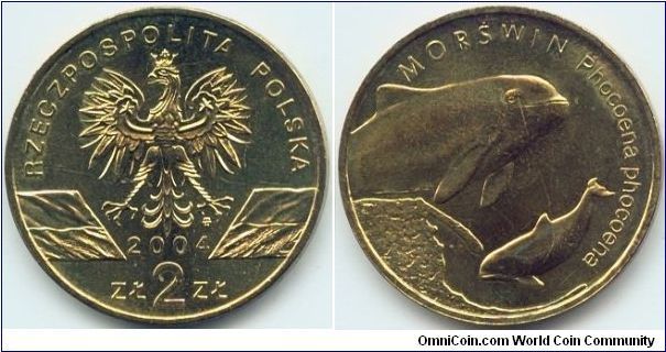 Poland, 2 zlote 2004.
Porpoise (Phocoena Phocoena).