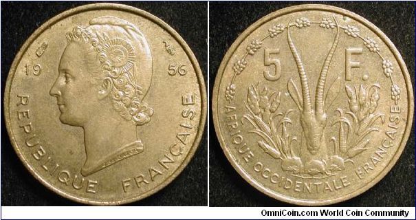 5 Francs 
Aluminium bronze
French West Africa
includes Mauritania, Sudan, Ivory Coast, Dahomes, Upper Volta, Niger and French Guinea
