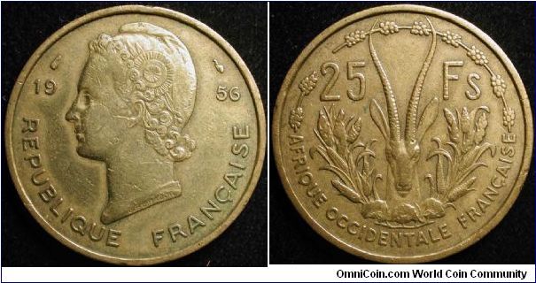 25 Francs
Aluminium bronze
French West Africa
includes Mauritania, Sudan, Ivory Coast, Dahomes, Upper Volta, Niger and French Guinea