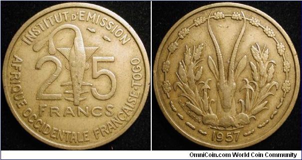 25 Francs
Aluminium bronze
French West Africa
includes Mauritania, Sudan, Ivory Coast, Dahomes, Upper Volta, Niger, French Guinea and part of Togo