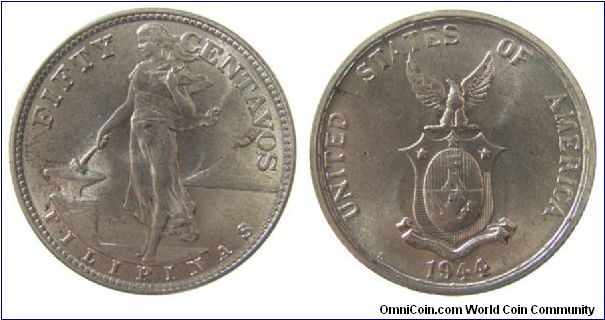 1944-S 50 Centavos
KM # 183 
Silver, .750, .2411 oz
Mintage: 19.19M