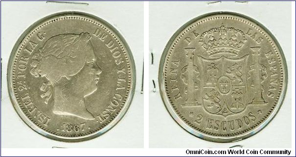 VERY SCARCE DATE 1867 ISABEL2 2 ESCUDOS SILVER CROWN. MANY OF MY COINS ARE LISTED ON EBAY.PH UNDER golfgod47.