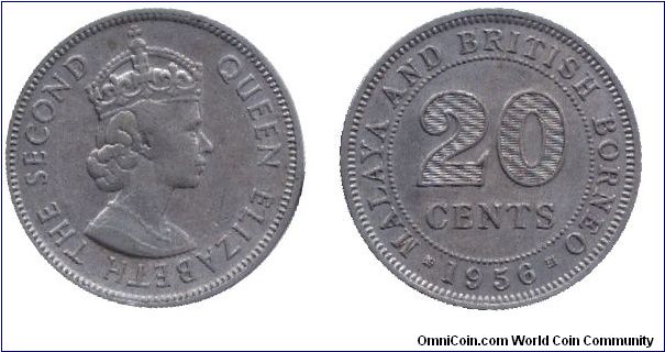 Malaya and British Borneo, 20 cents, 1956, Cu-Ni, Queen Elizabeth II.                                                                                                                                                                                                                                                                                                                                                                                                                                               