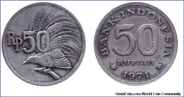 Indonesia, 50 rupiah, 1971, Cu-Ni, Bird of Paradise.                                                                                                                                                                                                                                                                                                                                                                                                                                                                