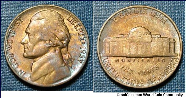 1939 Toned Jefferson Nickel