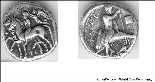 A silver didrachm from Sparta's one and only colony in Magna Graecia, the city of Tarentum. One of the most successful of the Greek colonies. This coin (circa 280 bc) depicts Taras, son of Poseidon on the back of a dolphin. Nike presenting victory laurels to a rider. It weighs in at 8.4 gms and is in pretty good nick for its age.