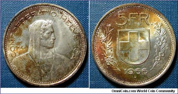 1966-B Switzerland 5 Francs Toned.