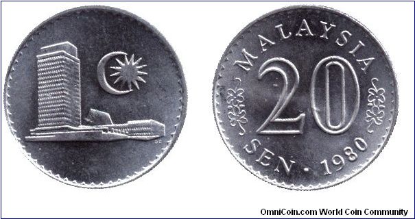 Malaysia, 20 sen, 1980, Cu-Ni, Parliamant Building.                                                                                                                                                                                                                                                                                                                                                                                                                                                                 