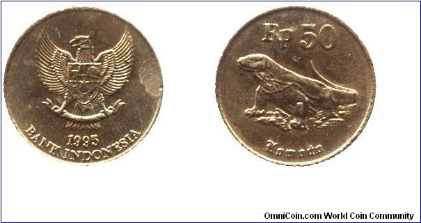 Indonesia, 50 rupiah, 1993, Al-Bronze, Komedo Lizard.                                                                                                                                                                                                                                                                                                                                                                                                                                                               