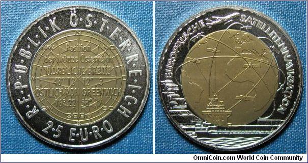 2006 Austria 25 Euro Silver/Niobium Coin European Satellite Navigation  # Quality: Proof
# Issue limit: 65,000 pcs.
# Alloy: Sterling Silver ring, Niobium core
# Diameter: 34 mm
# Weight: 7.15 grams