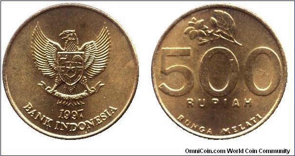 Indonesia, 500 rupiah, 1997,  Bunga Melati.                                                                                                                                                                                                                                                                                                                                                                                                                                                                         