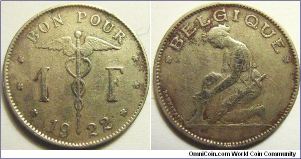 Belgium 1922 1 franc. Minted in steel I believe, it has been corroded and cleaned. Special thanks to Jose!