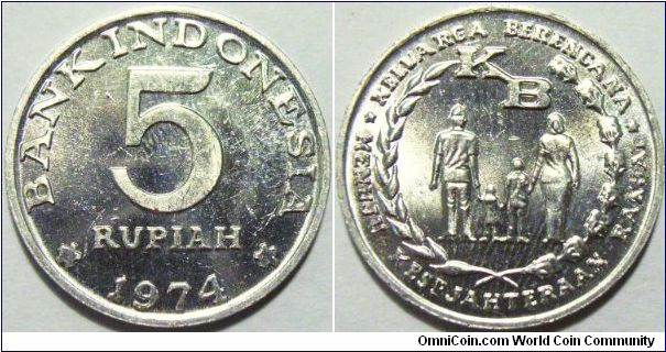 Indonnesia 1974 5 rupiah. Somewhat prooflike aluminum coin but an annoying fingerprint to ruin the beauty of all.