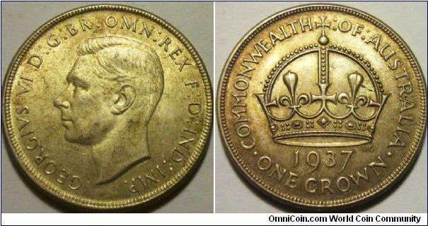 Australia 1937 1 crown. Commemorating Edward VIII, it is the first commemorative coin in Australia. Lightly toned, VF+.

Minted in 0.925 silver and silver mass weight is 0.8411 oz