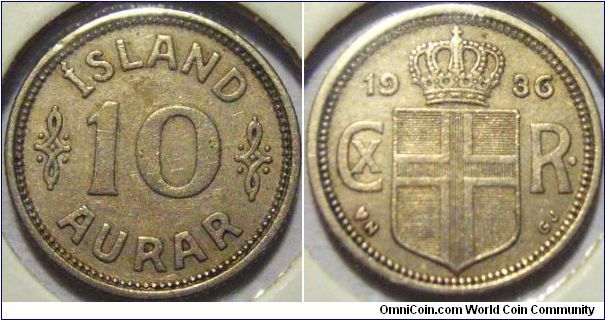 Iceland 1936 10 aura. Minted in Ni-cupro. VF. Lowered to $6