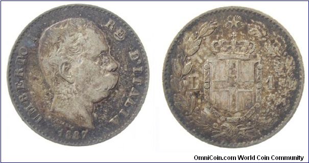 1887-M, 1 Lira, .8325 silver
KM #24.2