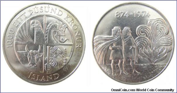1000 Kronur, KM# 21, .925 silver, 1100th Anniversery of the first settlement.