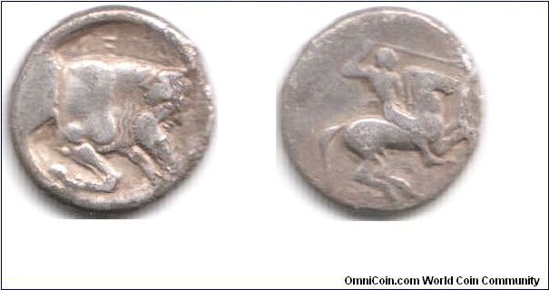 Silver Didrachm from the Greek City State of Gela in Sicily (between Acragas and Kamarina on south coast) circa 490-480 BC 7.9 gms. Obverse, the man-headed river god `Gela' to right / reverse Horseman with spear to right.