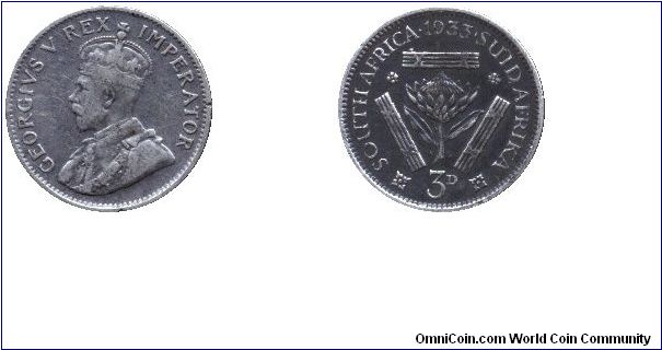 South Africa, 3 pence, 1933, Ag, King George V.                                                                                                                                                                                                                                                                                                                                                                                                                                                                     