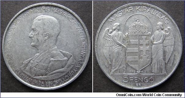 5 pengo
Diameter: 36 mm
Aluminum
Mintage 2.000.000 coins.
75th Birthday of Admiral Horthy