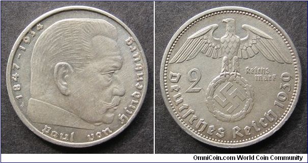 2 reichsmark
Diameter: 25 mm, 8g
Ag 0.625
Mintage 26.855.000 coins.
Swastika-Hindenburg issue