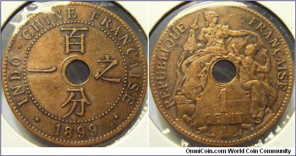 Indo-China 1899 1 cent. Probably cleaned in the past with hole slightly off centre. SOLD! 2.00