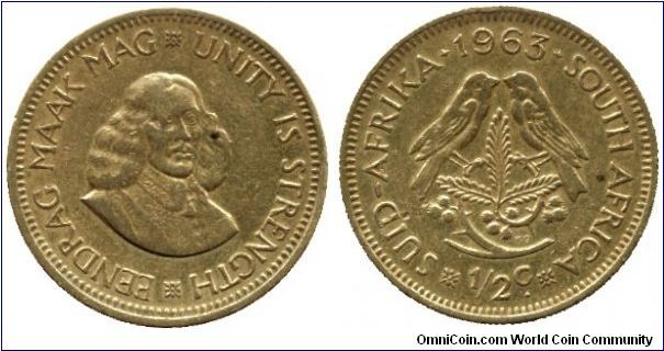 South-Africa, 1/2 cent, 1963, Brass, Jan van Riebeek, two sparrows.                                                                                                                                                                                                                                                                                                                                                                                                                                                 
