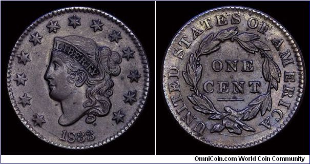 1833 U.S. Large Cent. N-5 Horned 8 variety. R-1 rarity. Die cracks both obverse and reverse. AU.