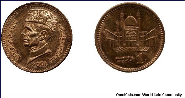 Pakistan, 1 rupee, 2001, Bronze, Mohammad Ali Jinnah.                                                                                                                                                                                                                                                                                                                                                                                                                                                               