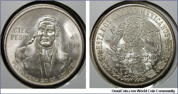 1977 Mexico 100 Pesos, Jose Morelos y Pavon, .720 silver